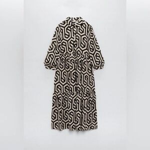 NWT Zara Ecru White Black Geo Geometric Print Karen Tiered Midi Dress